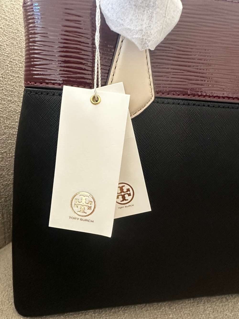 NWT Tory Burch Black and Burgundy Satchel with Tan Handles and Orange Charm - Picture 4 of 12